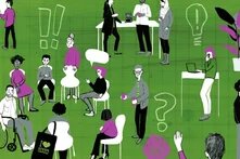 Viele unterschiedliche Personen beim Lernen: In einem Stuhlkreis, an einer Tafel, an einem Tisch ... Gezeichnet auf grünem Hintergrund