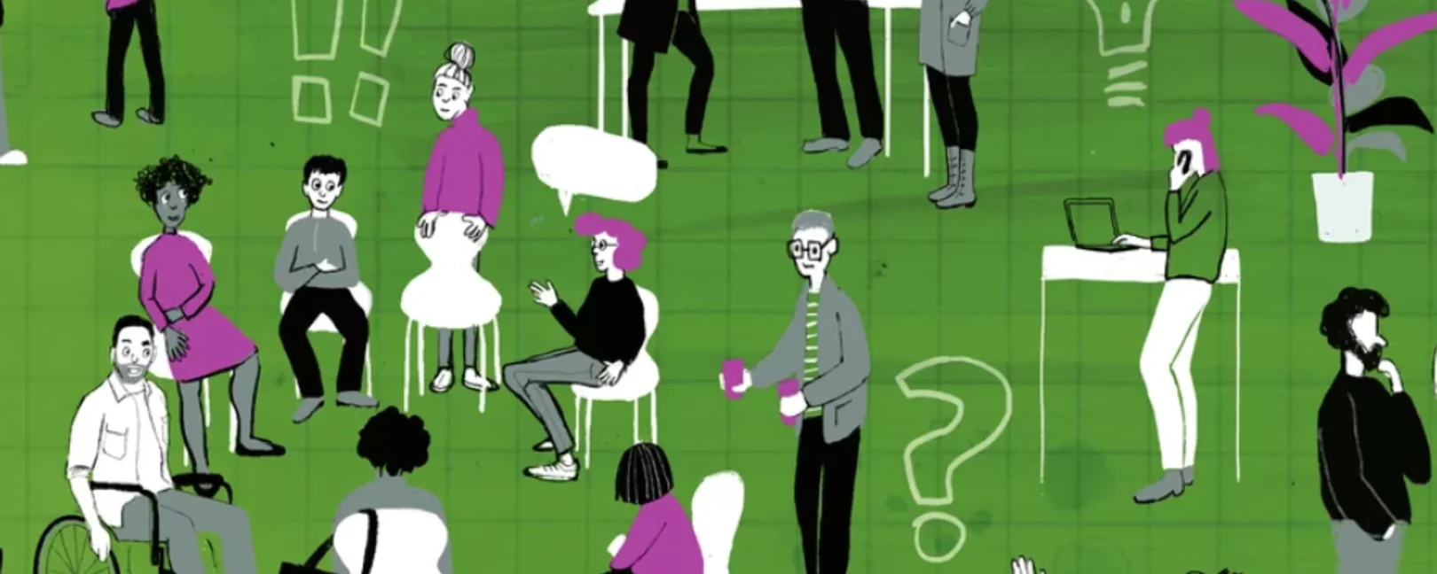 Viele unterschiedliche Personen beim Lernen: In einem Stuhlkreis, an einer Tafel, an einem Tisch ... Gezeichnet auf grünem Hintergrund